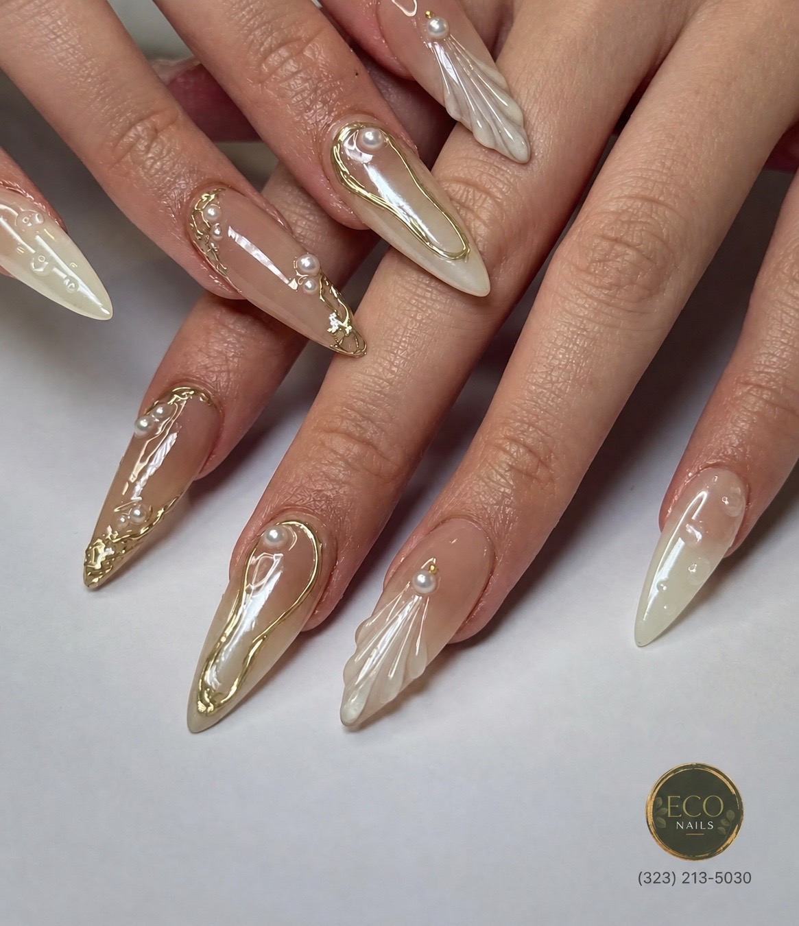 Luxury pearl and gold nail design by Eco Nails