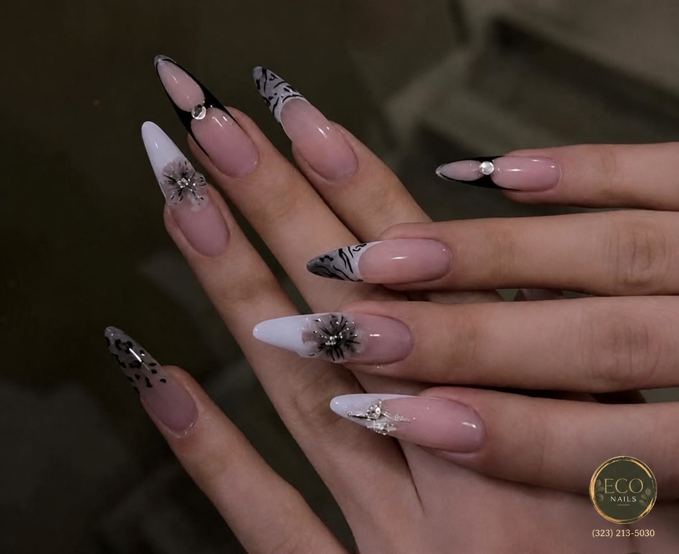 Black and white floral nails